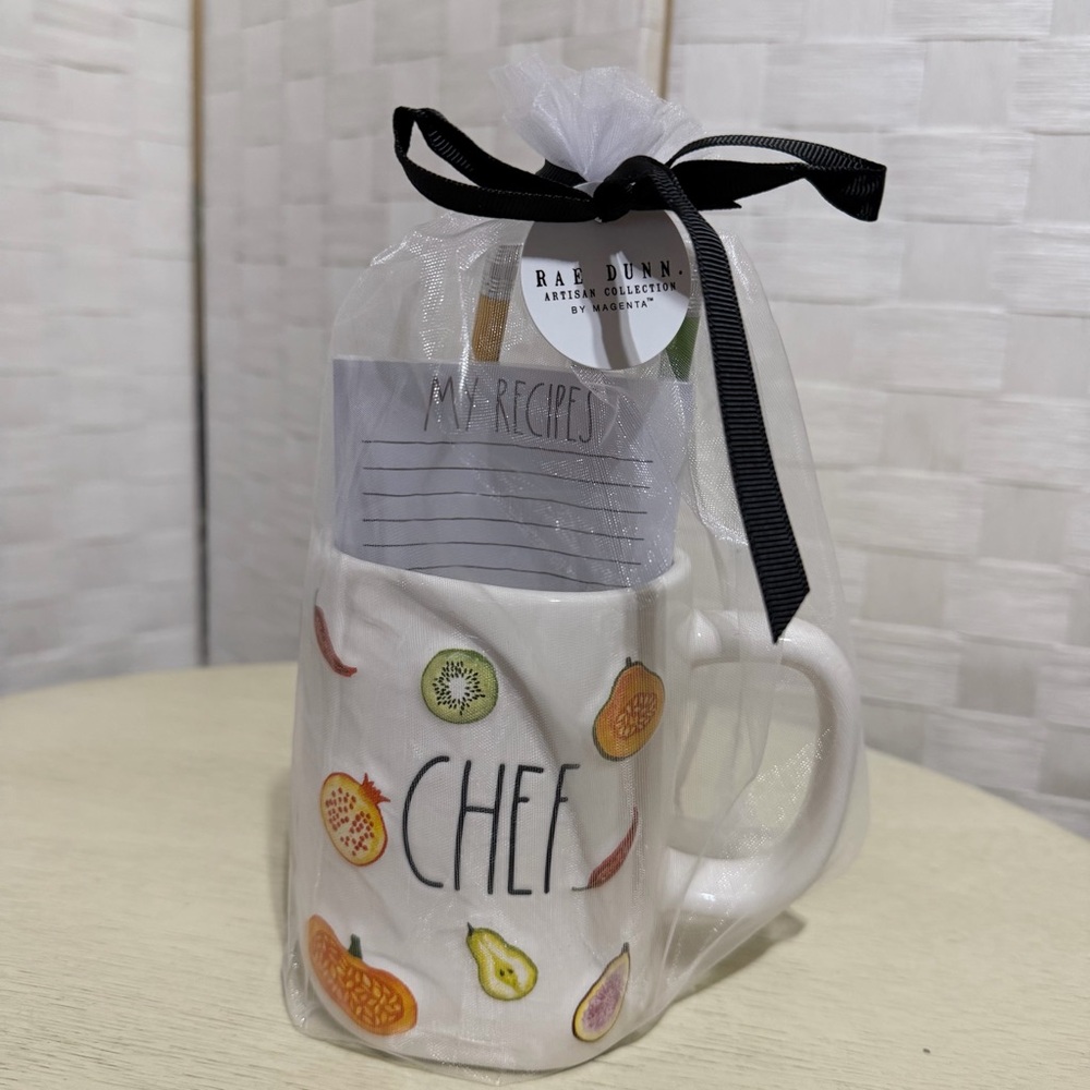 Rae Dunn White Chef Mug with Fruit Designs and Recipe Cards. Makes a great gift!